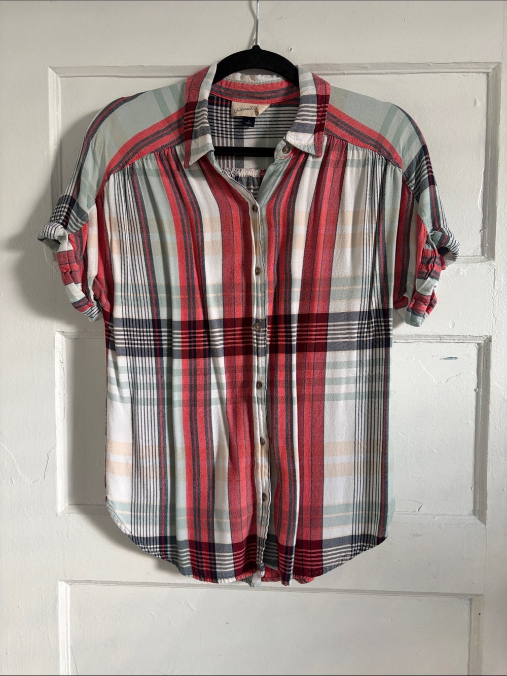 Universal Thread Coral and Mint Plaid Button-Down Shirt
